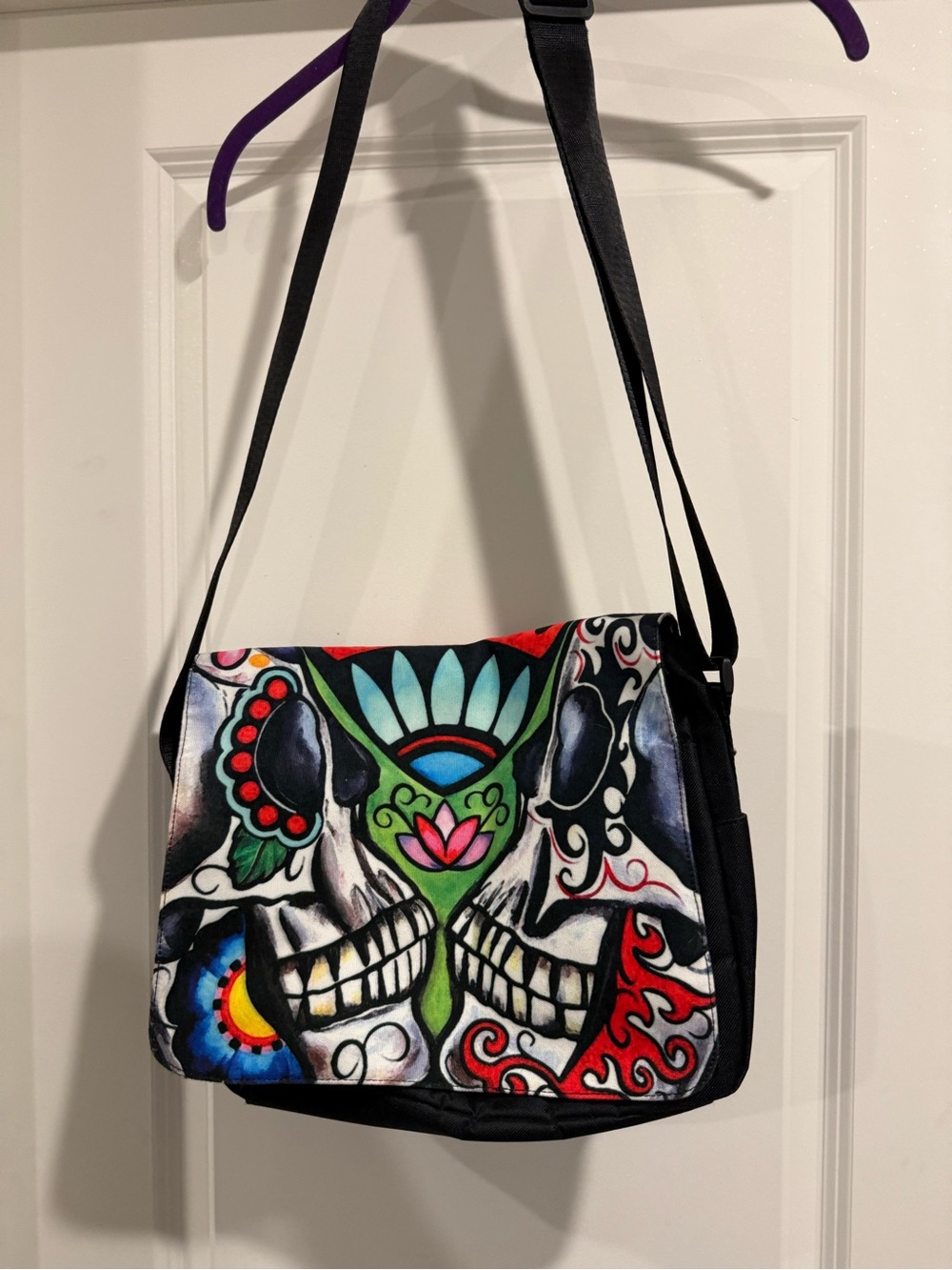 Sugar Skull Day of the Dead Messenger Bag Laptop Crossbody Black. Unisex.